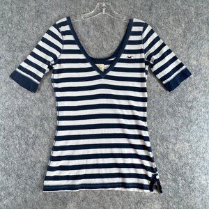 Hollister Womens Striped V Neck Y2k Top Size M Blue White